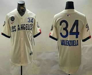 Mens Los Angeles Dodgers #34 Fernando Valenzuela Number Cream 2024 World Series City Connect Limited Stitched Jersey